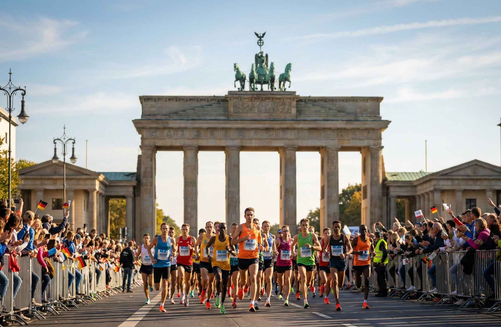 Marathonläufer laufen auf das Brandenburger Tor zu beim Berlin Marathon – Zielgerade mit tausenden Zuschauern