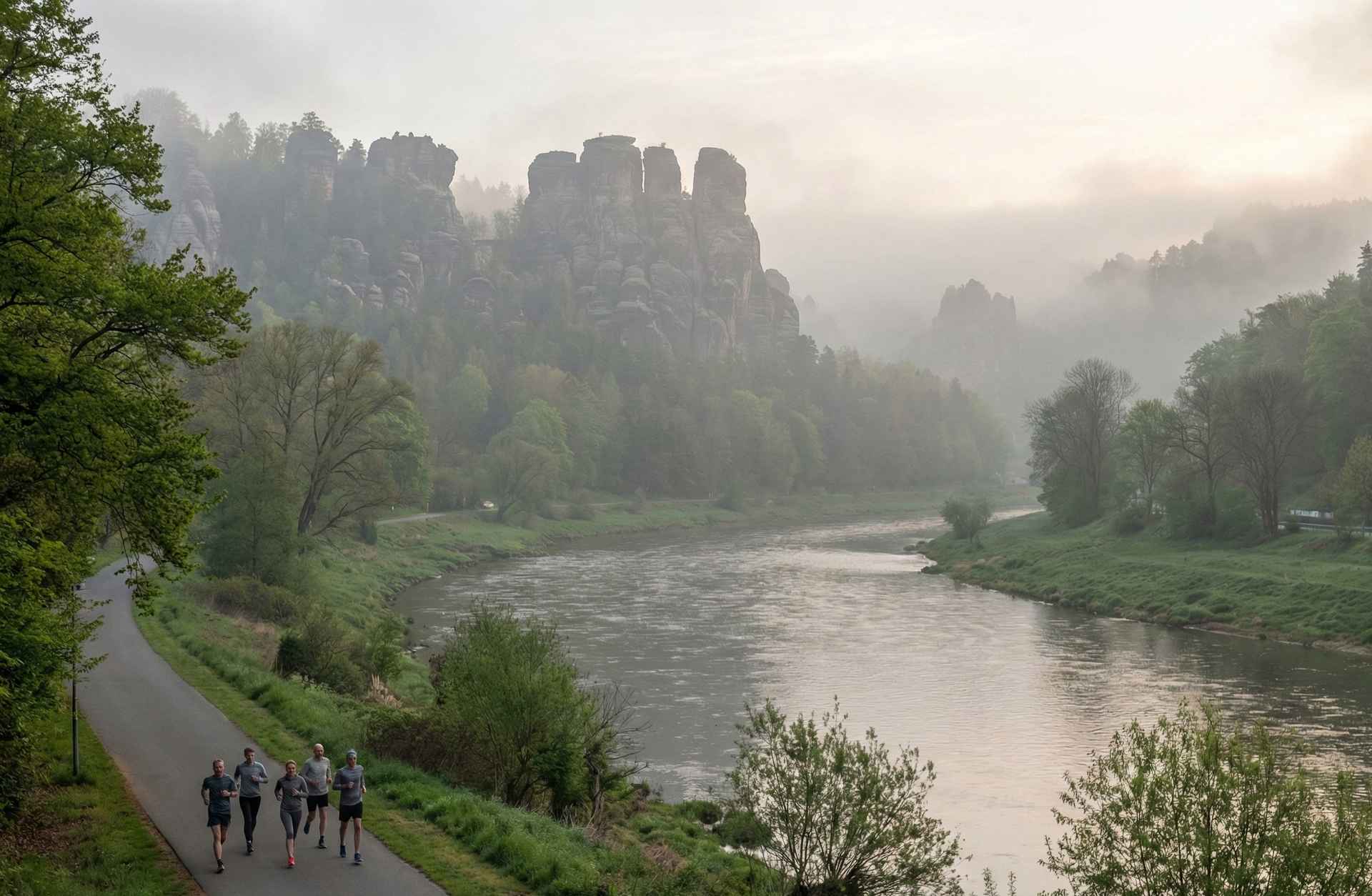 Läufer auf dem Elberadweg beim Oberelbe-Marathon mit Blick auf die Felsen der Sächsischen Schweiz
